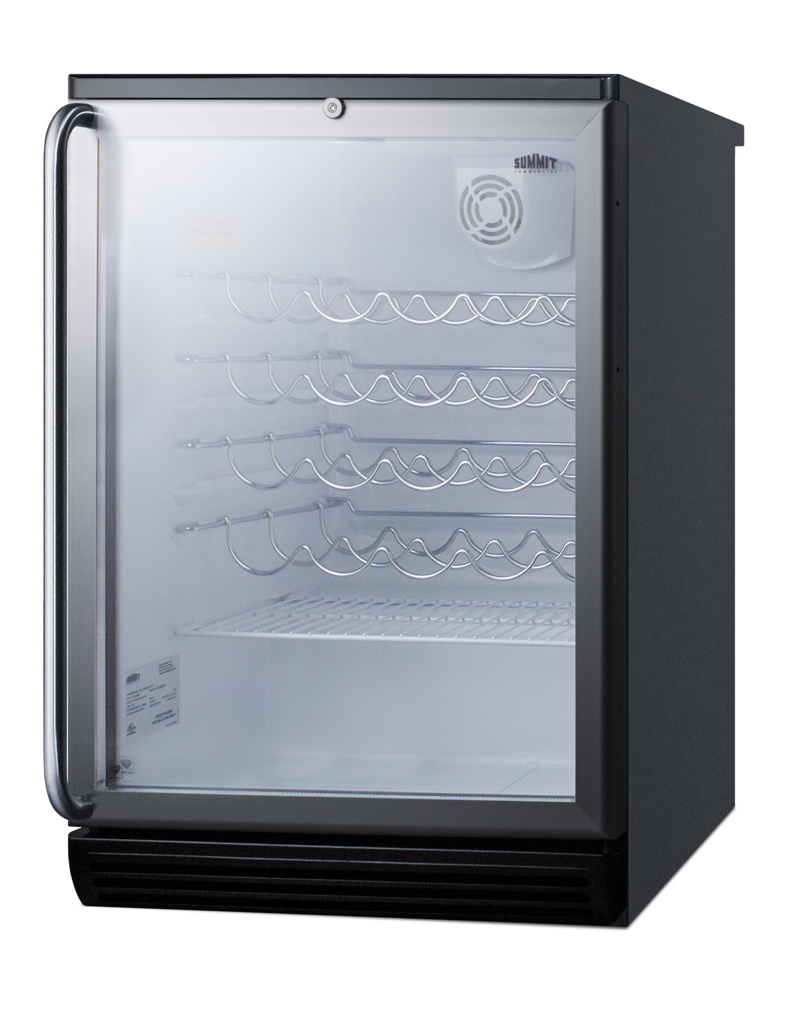 Commercially approved wine cellar for built-in undercounter use with glass door, black cabinet, and full stainless steel handle